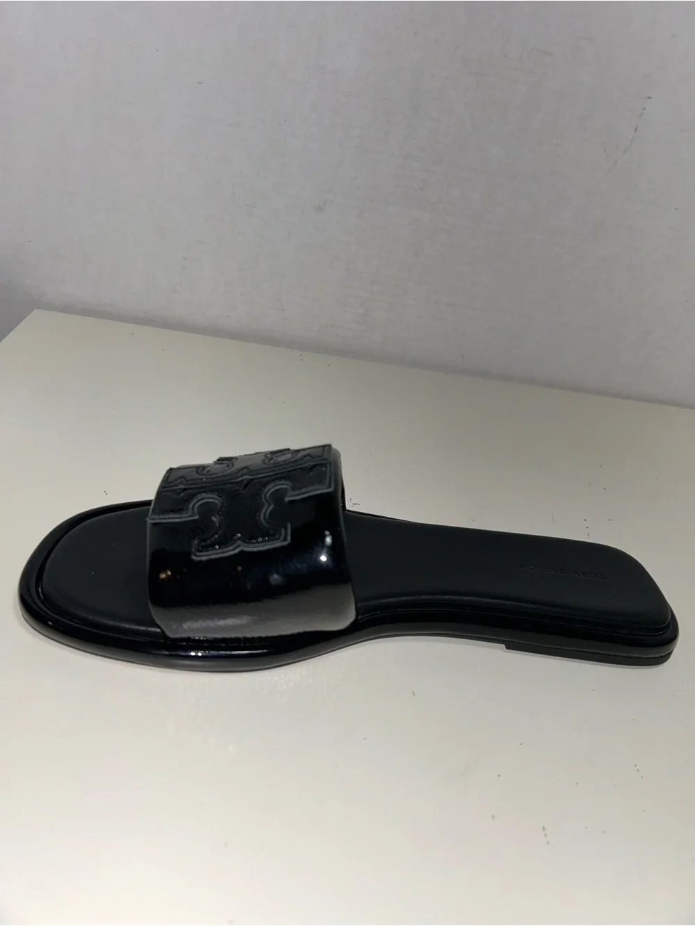Tory Burch Double T Sport Slides Perfect Black Patent Leather